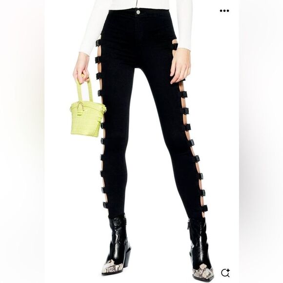 TOPSHOP Joni High Rise Skinny Ankle Jeans Open Sides Buckles Strappy Size 30 - Picture 1 of 9